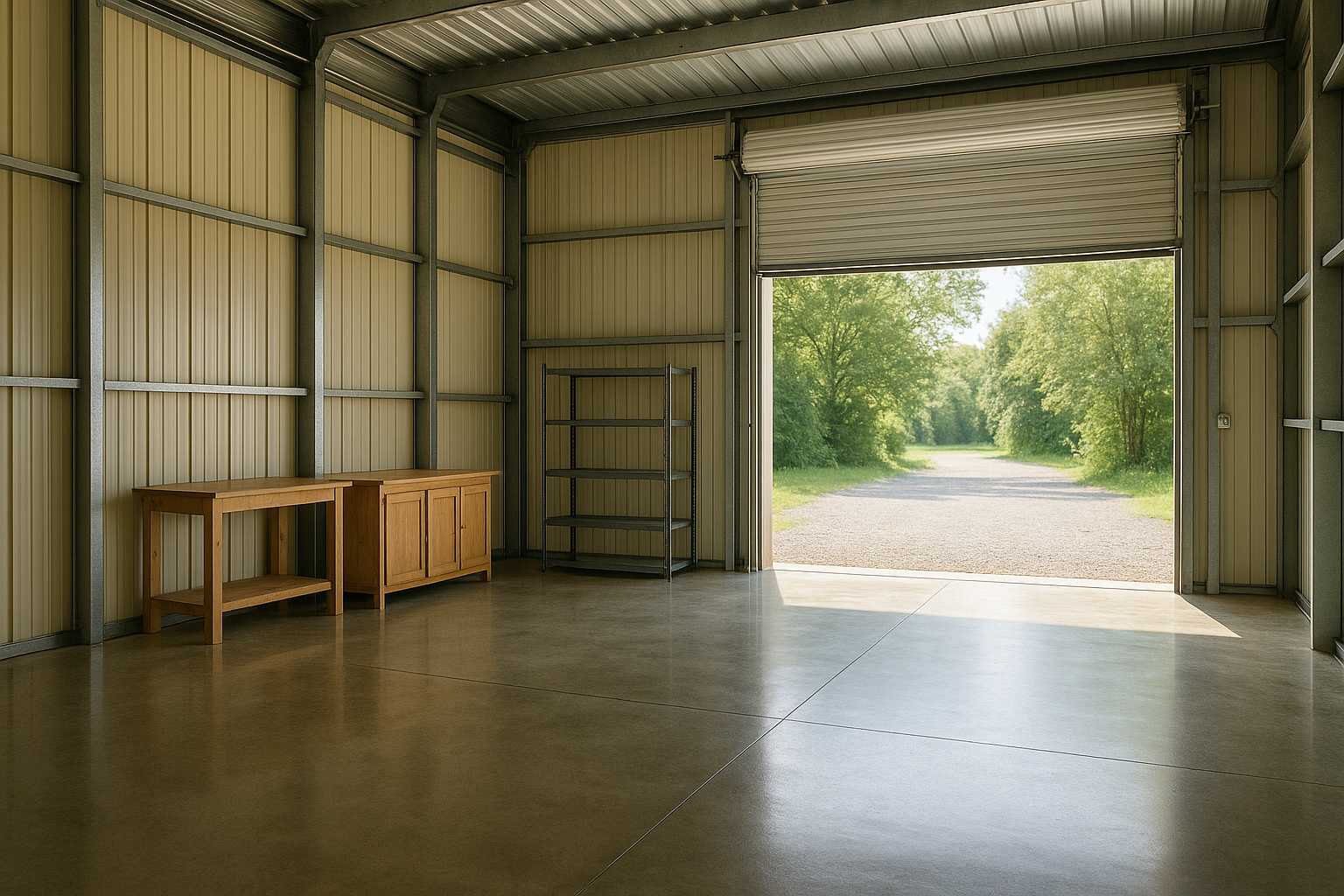 Residential shop bay interior with polished concrete and roll-up door