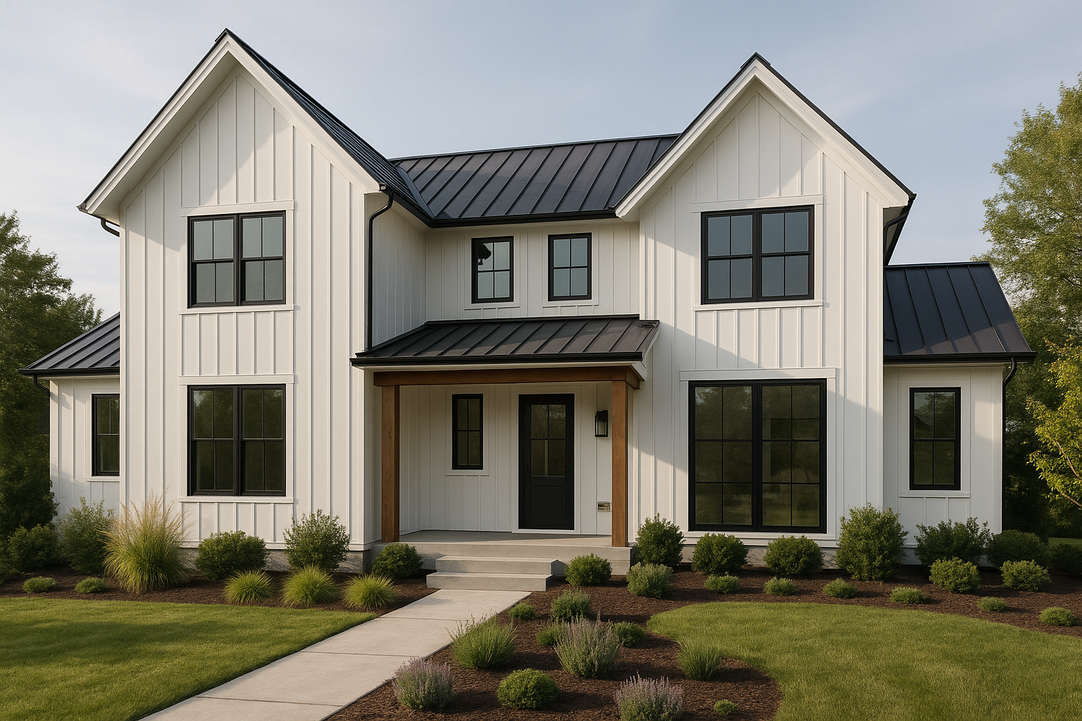 Modern farmhouse style home exterior with board-and-batten siding