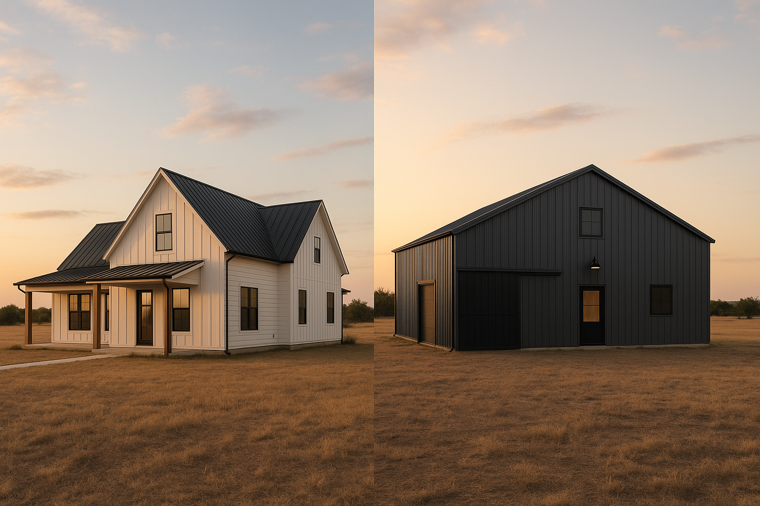 Modern farmhouse and steel barndominium on open Texas land