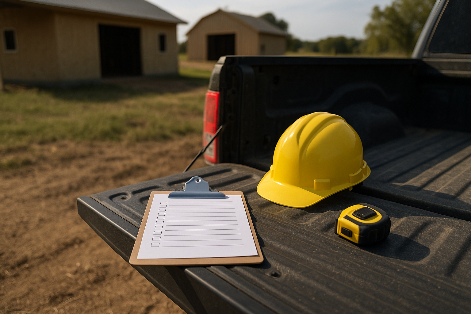 Clipboard, hard hat, and tape measure on a pickup tailgate