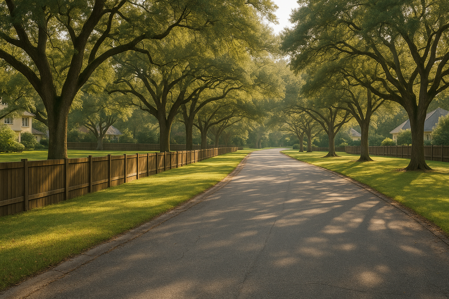 Estate lots with board fences and mature oaks