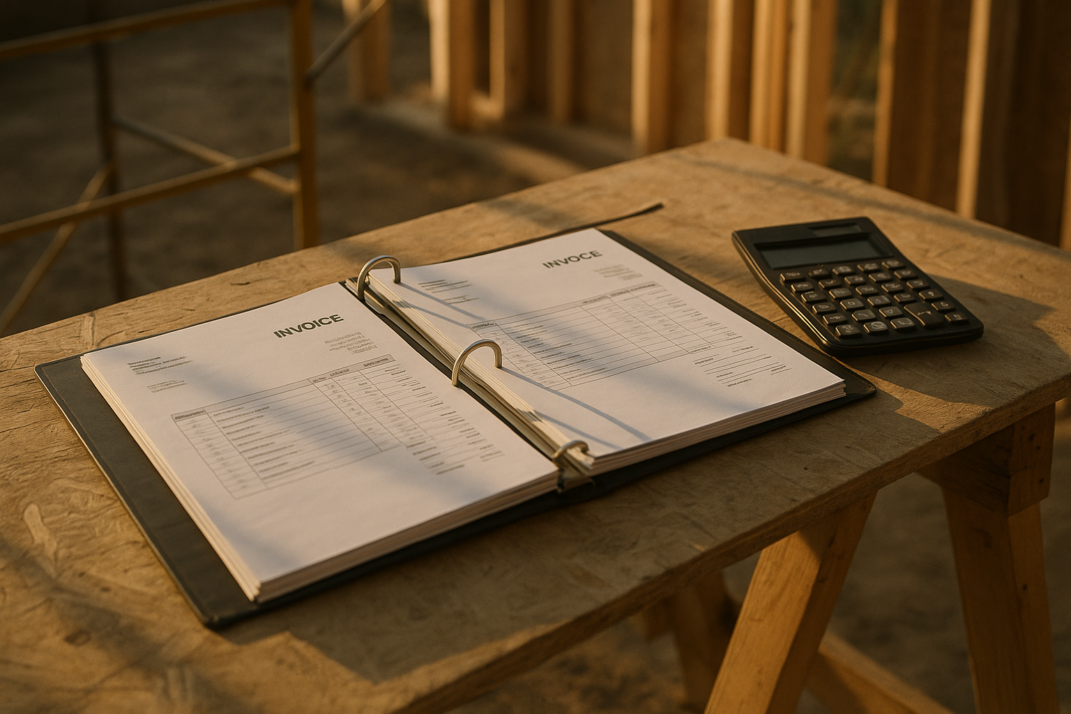Open project binder with printed invoices on a jobsite table
