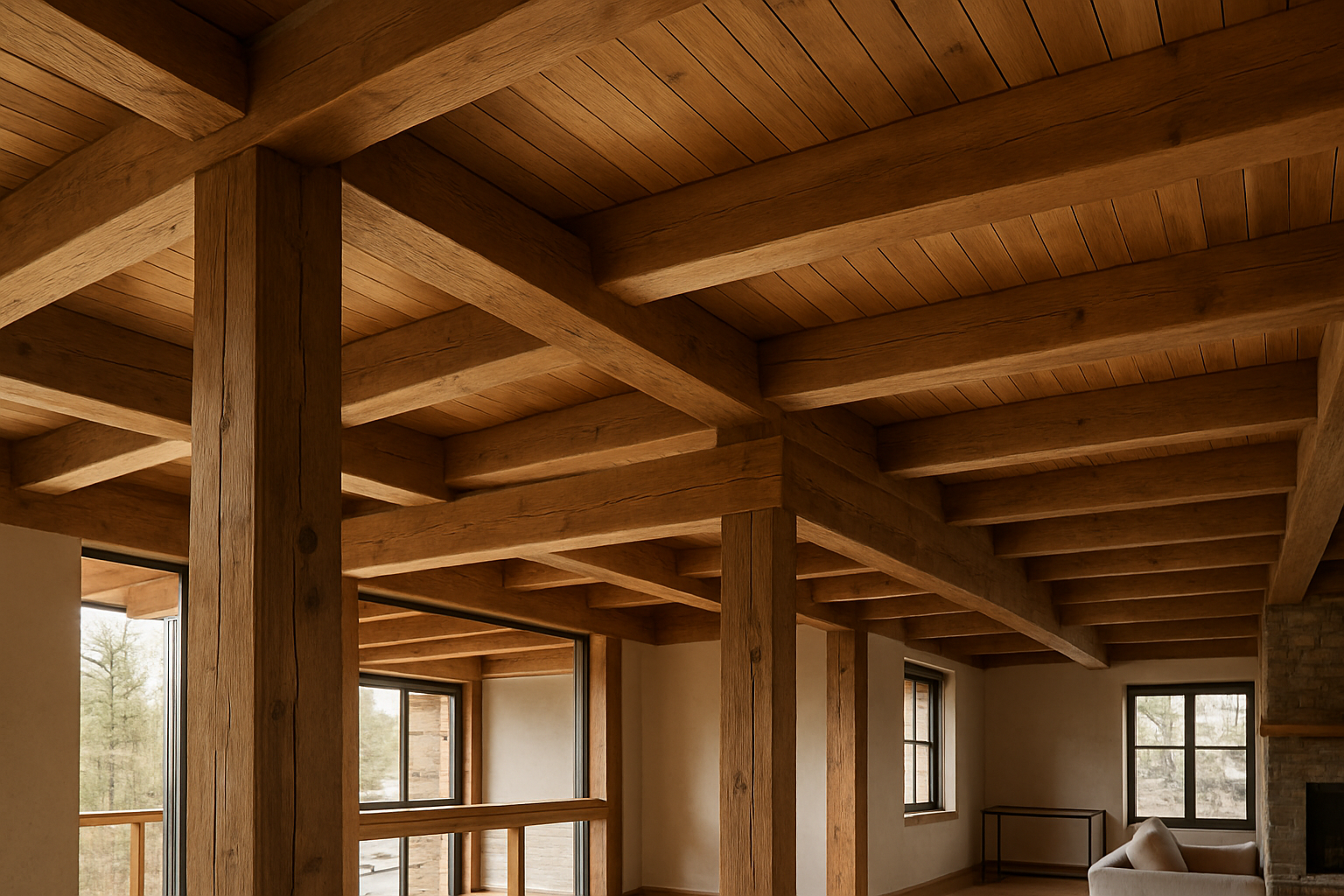 Exposed timber beam and wood ceiling detail