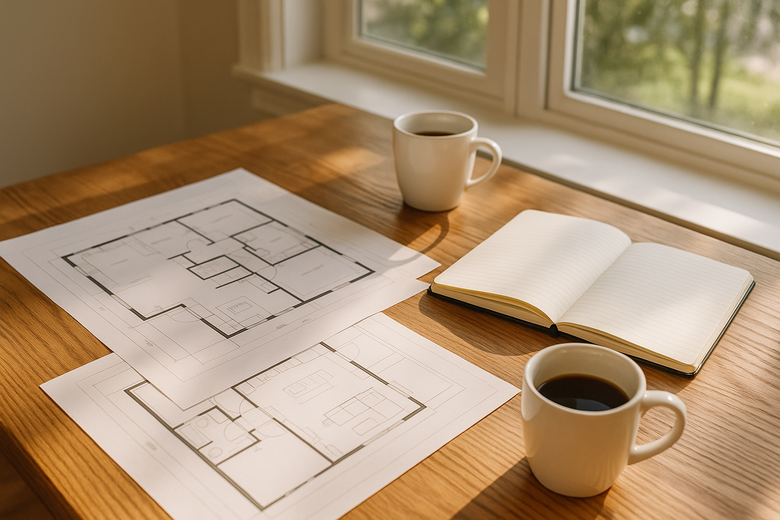 House plans and notebook on a meeting table