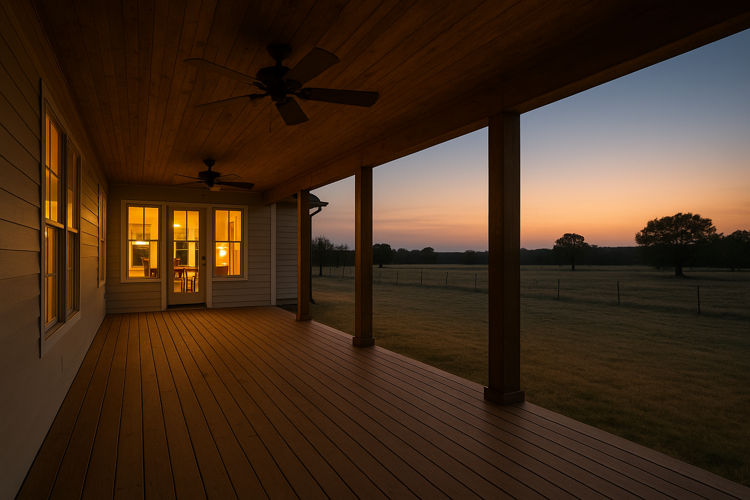 Covered porch at dusk overlooking open pasture