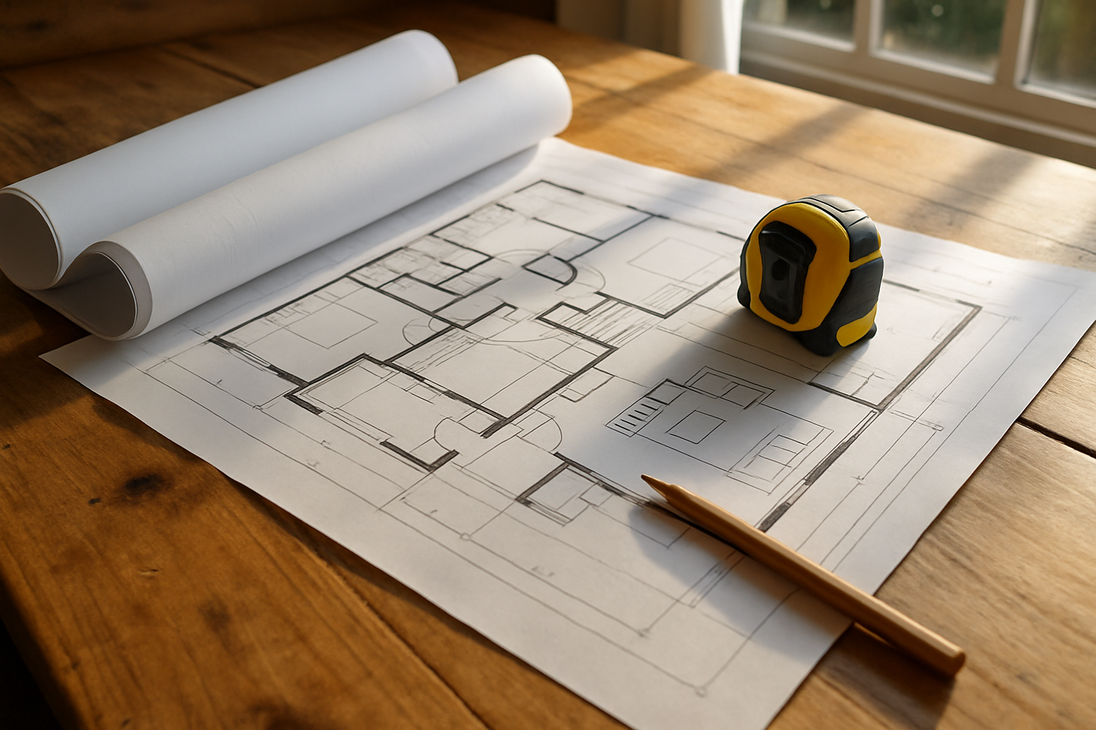 Blueprints on a wood table with tape measure and pencil