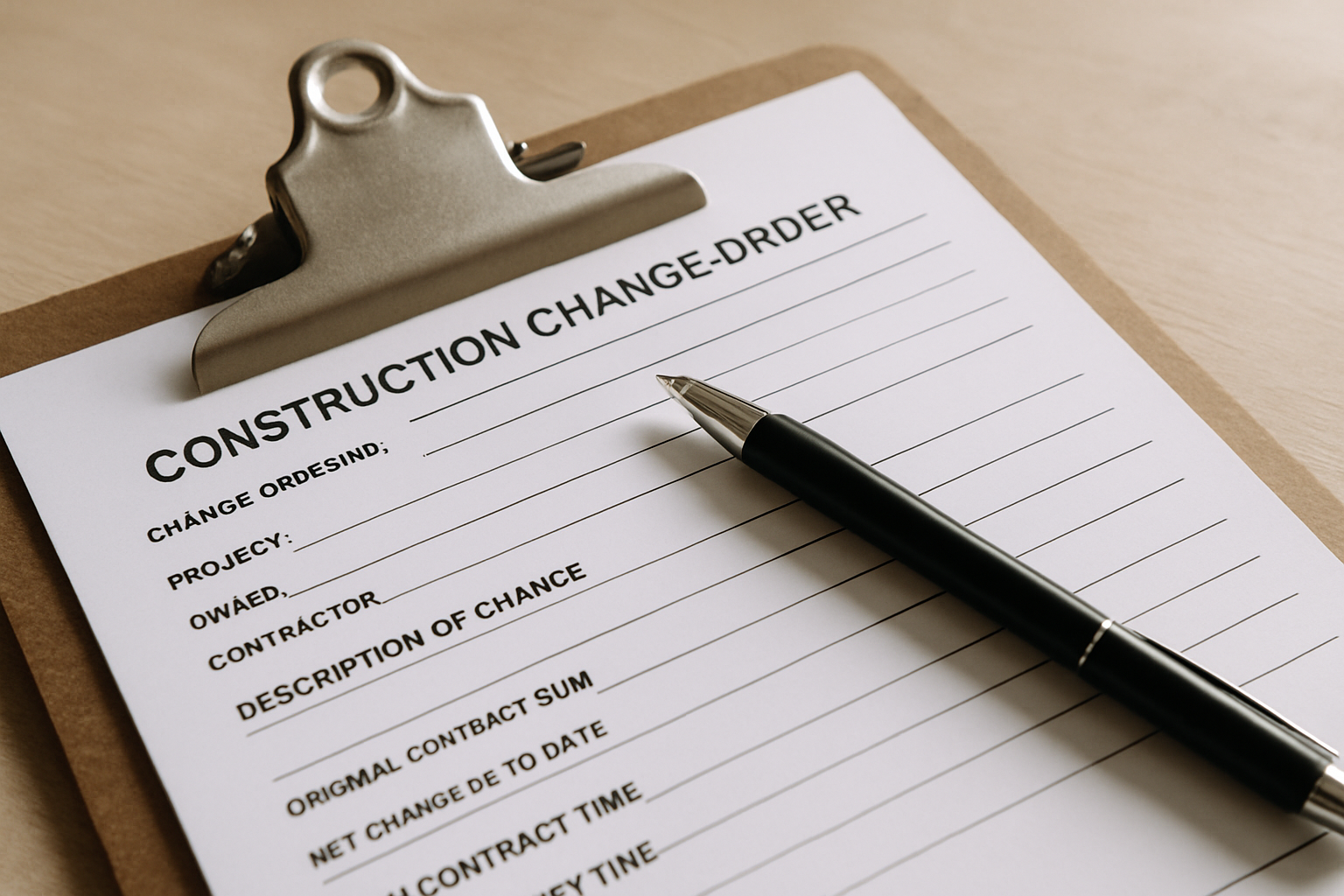 Pen on a printed construction change-order form