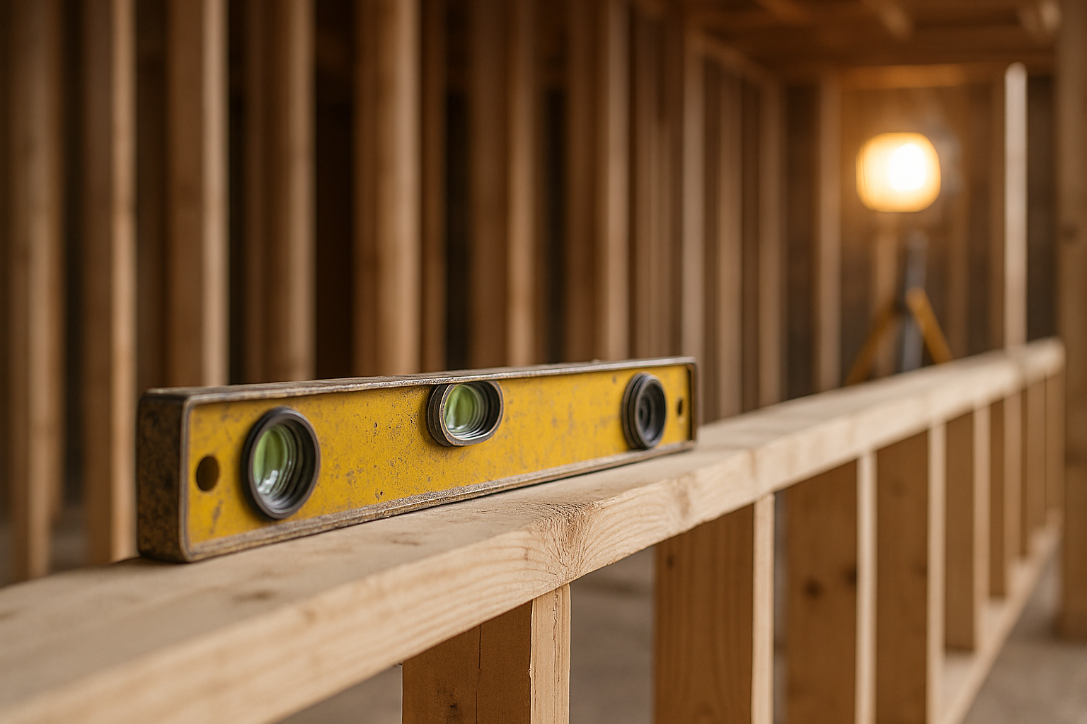 Spirit level on new framing lumber