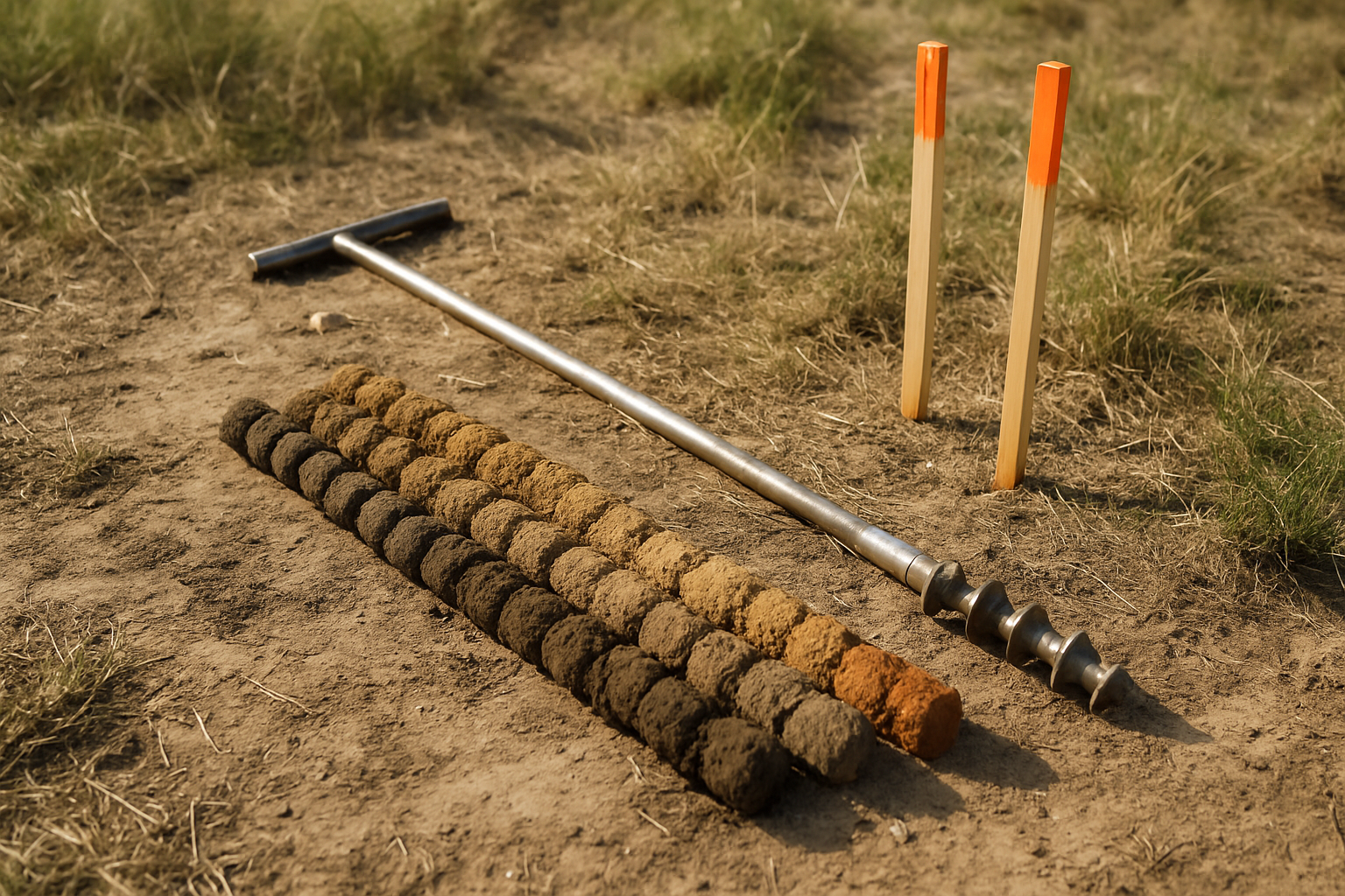 Soil core samples and survey stakes on a building site