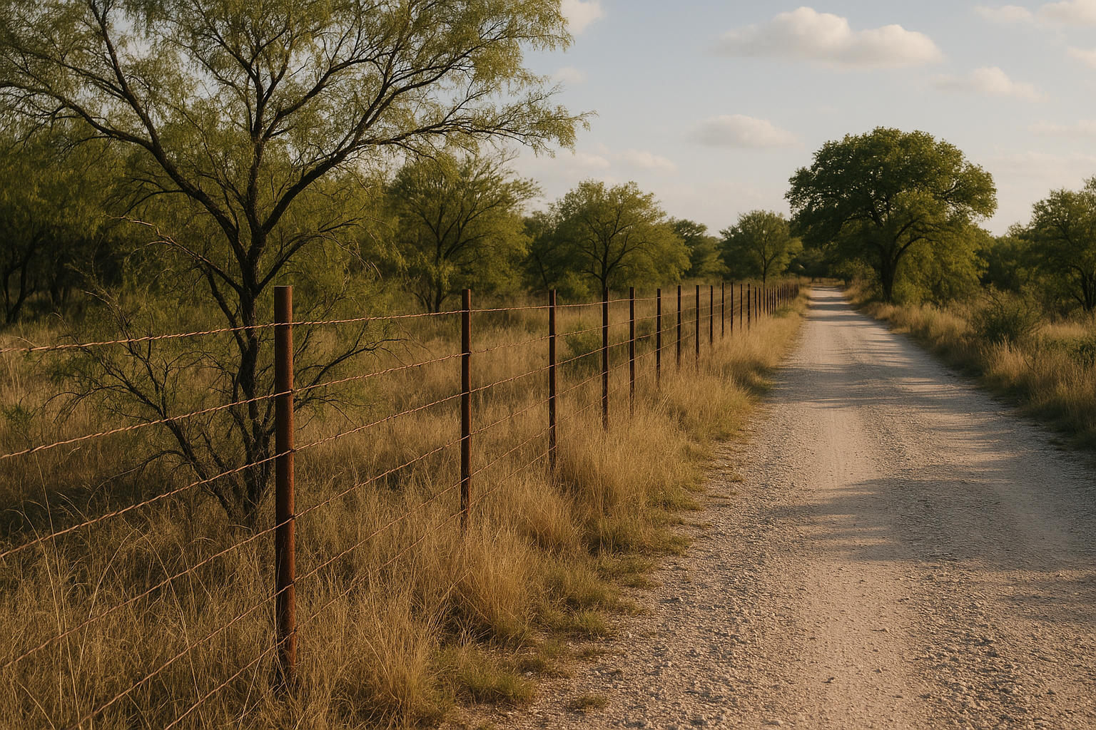 Fence line along a gravel county road in rural North Texas