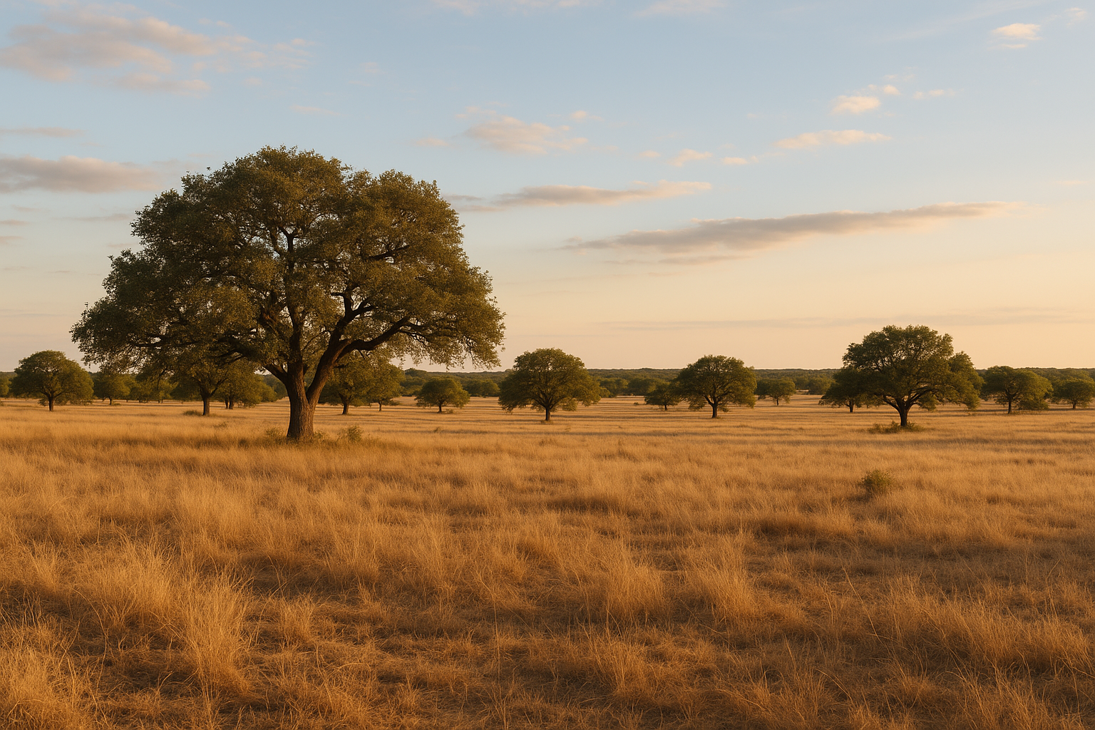 Texas ranchland pasture with live oaks at golden hour