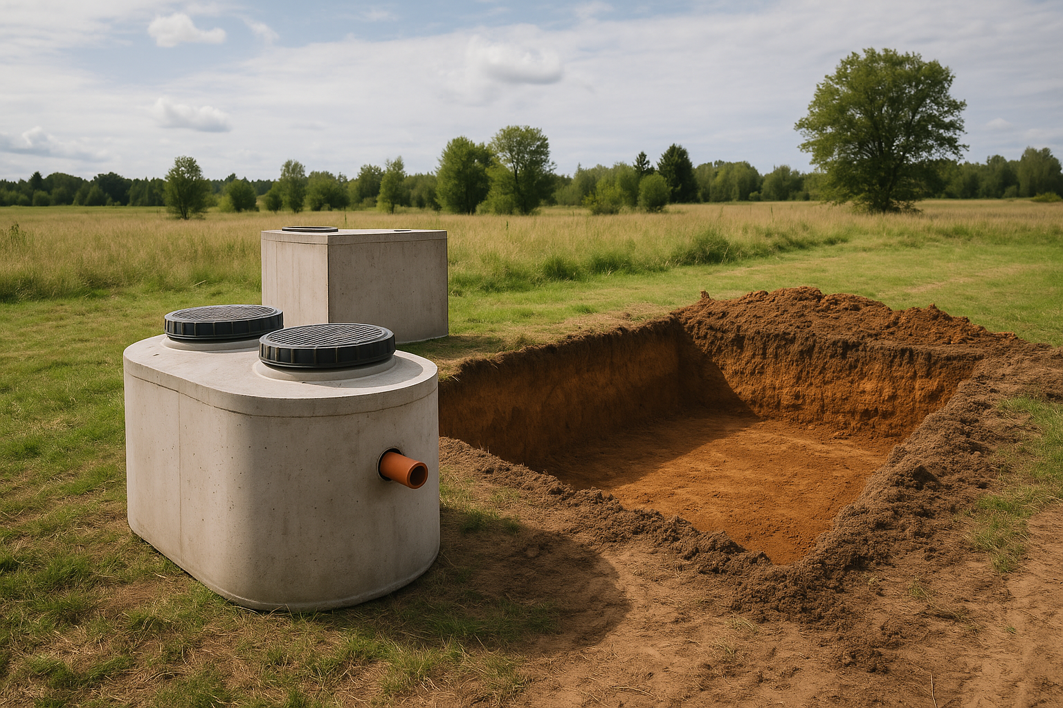 Septic tanks staged for installation on a rural building site