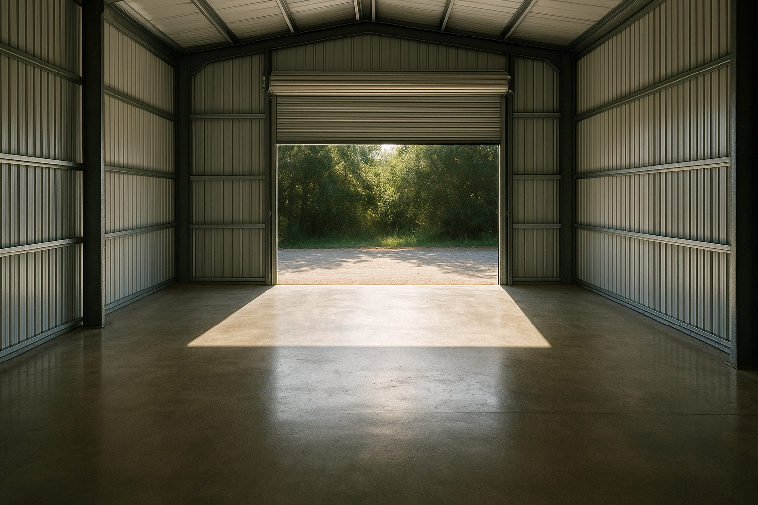 Large empty shop bay with polished concrete and open roll-up door