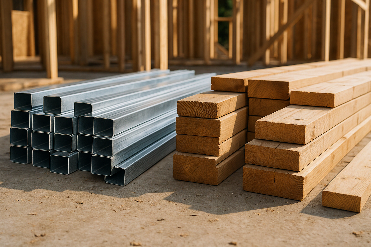 Steel framing members beside stacked lumber