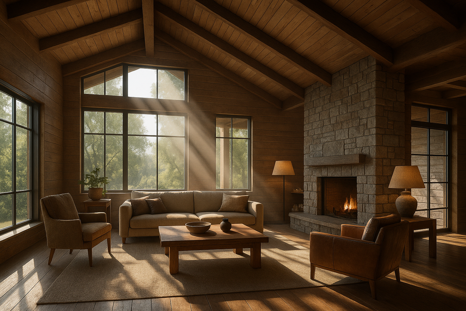 Tall open interior with high windows and wood ceiling