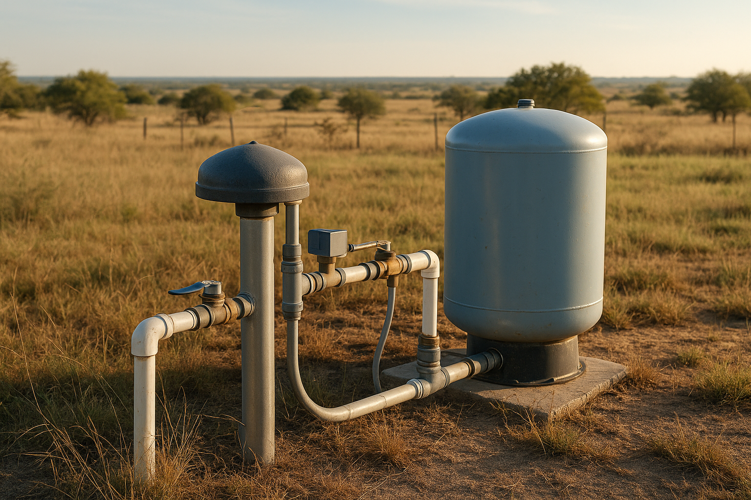 Water well head and pressure equipment on Texas acreage